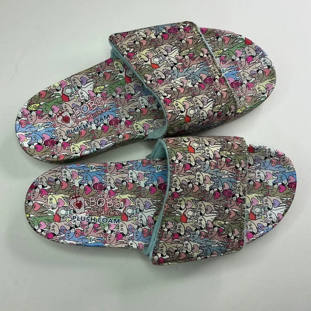Skechers Multicolor BOBS Dog Print Kids 6 Slides 113735 Plush Foam Sandals
